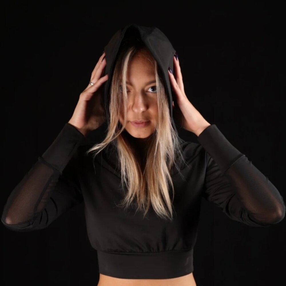 Active Elixir Black Cropped Mesh Hooded Sweatshirt (XS)